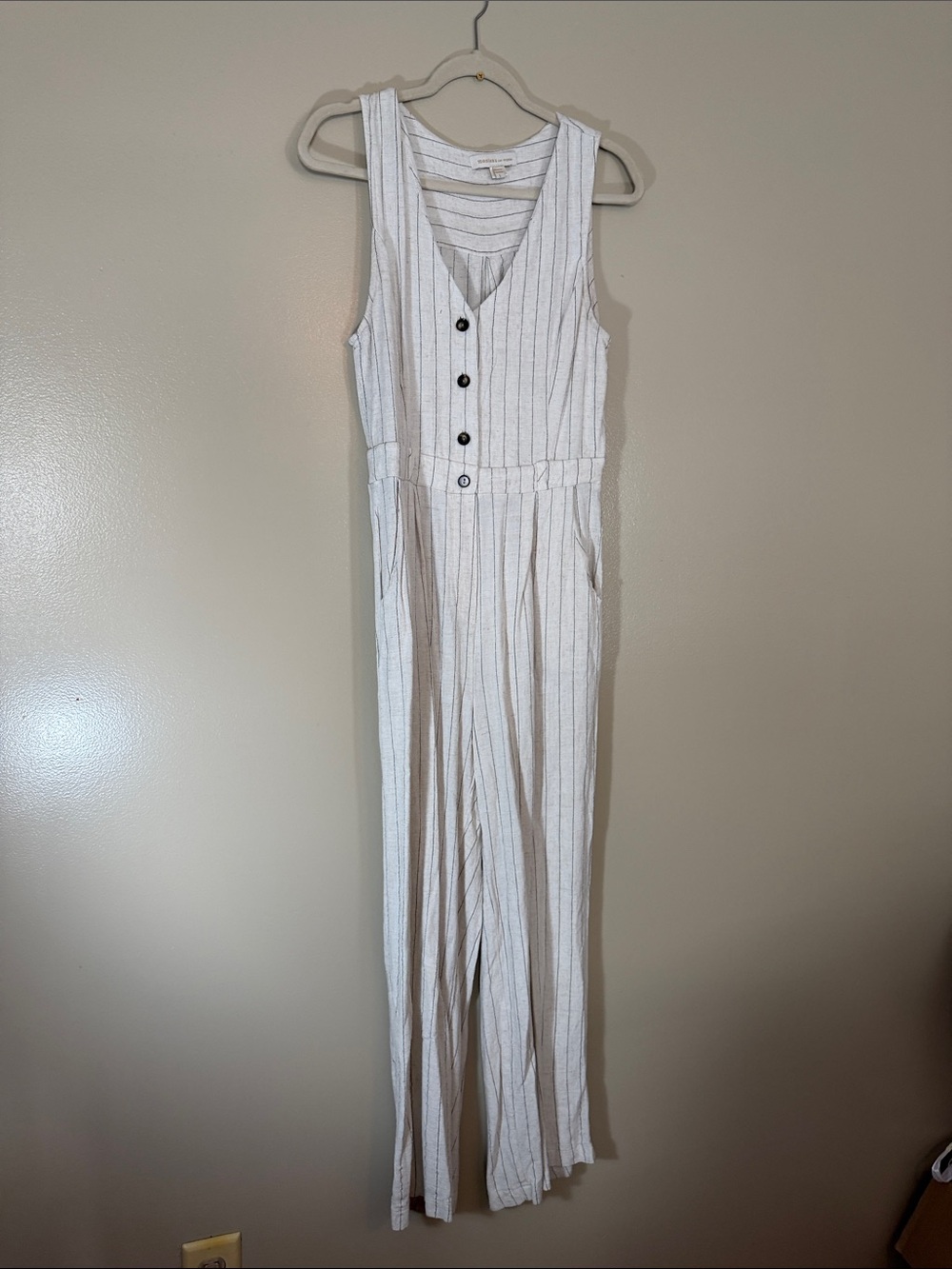 Sleeveless Ivory Pinstripe Button-Front Jumpsuit